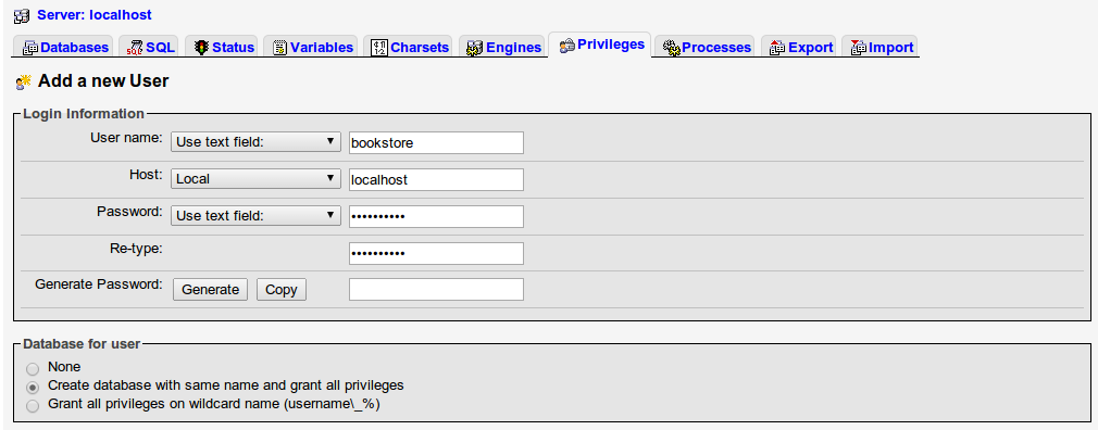 Figure 1. Create username and database 'bookstore'